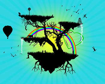 Playland, birds, ladder, rainbow, waterfall, trees, vector, balloon, sky, jump HD wallpaper