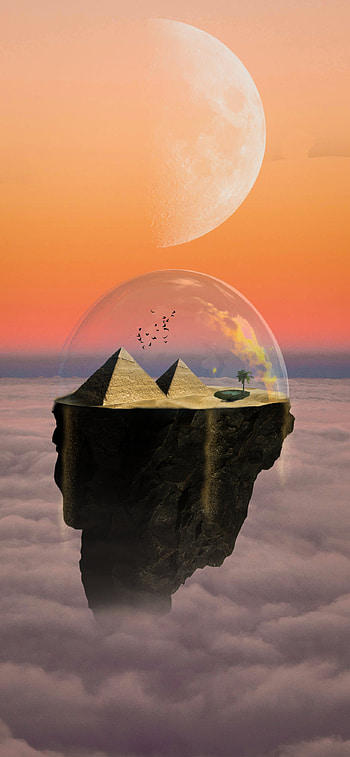 Floating Desert, atmosphere, orange, sky, sand, moon, fantasy, sunset HD phone wallpaper