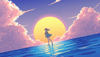 Girl Standing On Water With Giant Sun And Clouds, girl, water, giant, sun, clouds, artist, sunset, cloud, artwork, art, digital-art, ai, deviantart HD wallpaper