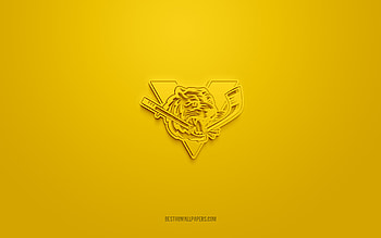 Victoriaville Tigres, creative 3D logo, yellow background, QMJHL, Canadian hockey team, USL League One, Quebec, Canada, 3d art, hockey, Victoriaville Tigres 3d logo HD wallpaper