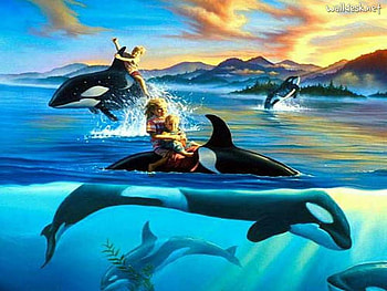 killer-wales, blue, beach, anime, fantasy, animals, sky, fish, child, cloud HD wallpaper