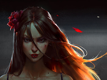 Rose of death, girl, petal, wind, halloween, fantasy, red, face, hao yan, redhead, luminos HD wallpaper