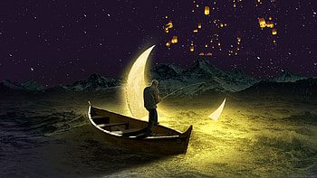 When Sky Lanterns Meet Lunar Seas, sky, lantern, lunar, sea, moon, stars, artwork, art, digital-art, artist, deviantart HD wallpaper