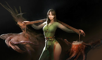 :), black, art, girl, orange, fisher, tatiana korshunova, octopuss, fantasy, green, luminos HD wallpaper