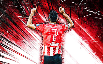 Eran Zahavi, grunge art, PSV Eindhoven FC, Israeli footballers, soccer, Eredivisie, PSV, football, red abstract rays, Eran Zahavi HD wallpaper