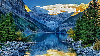 Spring at Lake Louise, Banff NP, Alberta, snow, trees, canada, water, mountains, rocks, stones HD wallpaper