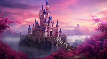 Enchanting Fantasy Castle Amidst Pink Blossoms, fantasy, castle, landscape, pink, fantasy landscape HD wallpaper