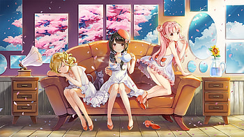 Tea Time, sofa, long hair, dress, beauty, lady, mirrowsa, petals, trees, cherry blossom, blonde hair, female, sweet, white, soft, beautiful, pink hair, cup, black hair, woman, pink, anime, pretty, girls, lovely HD wallpaper