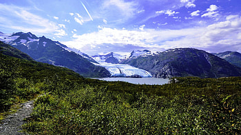 Portage Glacier, Alaska, trees, clouds, landscape, sky, mountains, usa HD wallpaper