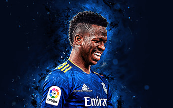 Vinicius Junior, , blue uniform, 2021, Real Madrid FC, brazilian footballers, La Liga, blue neon lights, soccer, football, Real Madrid CF, LaLiga, Vinicius Junior , Vinicius Junior Real Madrid HD wallpaper
