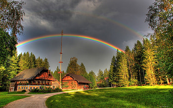 Rainbow in the Village, rainbow, house, trees, sky, nature, forest, village HD wallpaper