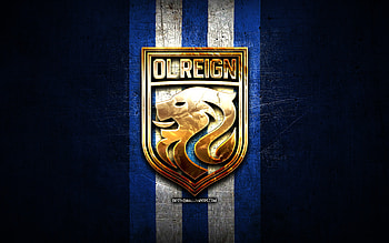OL Reign FC, golden logo, NWSL, blue metal background, american soccer club, National Womens Soccer League, OL Reign logo, soccer, OL Reign HD wallpaper