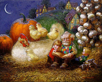 Grandfather's tales, onion, chicken, childhood, halloween, painting, moon, pictura, pumpkin, art, man, fantasy, grandfather, luna, victor nizovtsev, luminos, dream, child HD wallpaper