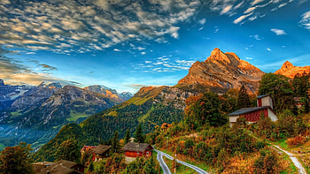 Village in Switzerland, clouds, trees, landscape, sky, road, alps, houses HD wallpaper