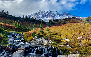 Autumn at Mount Rainier, Washington, usa, river, clouds, landscape, trees, sky, rocks HD wallpaper