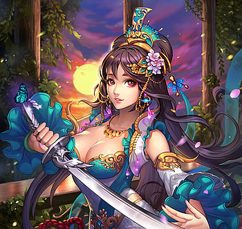 Fantasy girl, blue, frumusete, sword, pinkmoon, girl, ly lianyao, pink, fantasy, petals, flower, luna HD wallpaper