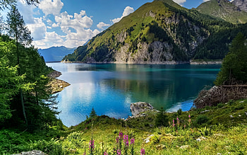 Lake Berg, mountain lake, Bergsee, Alps Ticino, mountain landscape, summer, evening, sunset, Switzerland HD wallpaper