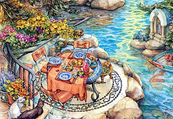 Ready for Dinner, artwork, table, stairs, painting, garden, flowers, water HD wallpaper