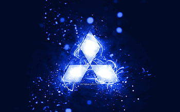 Mitsubishi dark blue logo, , dark blue neon lights, creative, dark blue abstract background, Mitsubishi logo, cars brands, Mitsubishi HD wallpaper