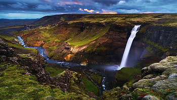 Haifoss Waterfall, Iceland, river, highlands, landscape, clouds, sky, rocks HD wallpaper