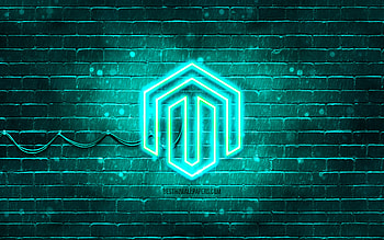 Magento turquoise logo, , turquoise brickwall, Magento logo, brands, Magento neon logo, Magento HD wallpaper