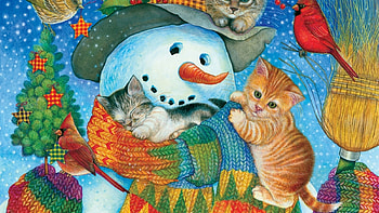 cute snowman with kittens, winter, snowman, christmas, kittens HD wallpaper