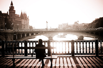 City, Miscellanea, Miscellaneous, Sit, Bridge, Human, Person, Embankment, Quay HD wallpaper