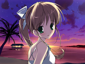 Anime at sunset, palm, anime, fantasy, cute, girl, sunset, beach HD wallpaper