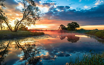Riverside Sunset, sunset, reflections, trees, colors, clouds, sky, water HD wallpaper