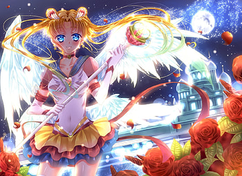 Sailor Moon, blue, wings, touki matsuri, white, tsukino usagi, girl, angel, rose, anime, moon, flower, yellow, red, luna, manga HD wallpaper