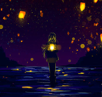 Anime girl, lanterns, silhouette, lonely, night out HD wallpaper