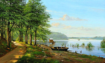 Painting by J. Bisgaard, relaxing, walk, day summer, quiet, country road, abstract, painting, boats, artist, trees, greenery, couple, water, art, landscape, other, rocks, lake, view, nature, painter, sky, peace, harmony HD wallpaper