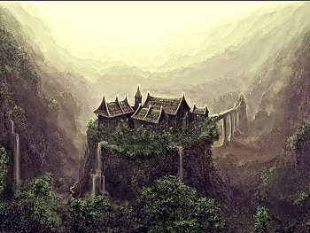 Solitude, mist, isolated, cliffs, trees, bridge, home on cliff, mountains HD wallpaper