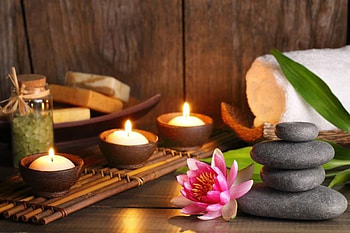 Spa - set, Stones, Towels, Oil, Leaves, Candles, Soap HD wallpaper