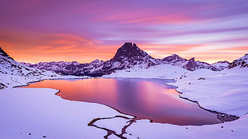 Fiery Sunset in Montana, usalake, snow, colors, sky, water, ice, mountain HD wallpaper