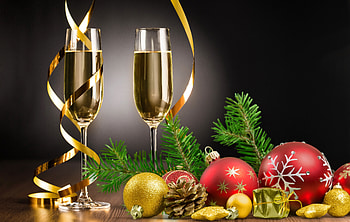 New Year champagne, winter, champagne, balls, cone, arrangement, decoration, holiday, cheers, happy, new year, wine HD wallpaper