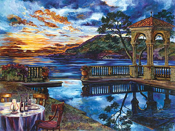 Sunset Over the Rivera, table, rivera, mountain, chairs, painting, glass, clouds, sky, cloth, water, sunset, wine HD wallpaper