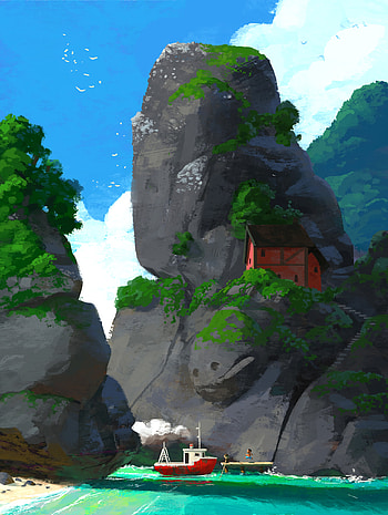 Art, Sea, Rock, House, Ship, Child HD phone wallpaper