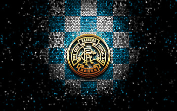 Hong Kong Rangers FC, glitter logo, Hong Kong Premier League, blue white checkered background, soccer, Hong Kong football club, Hong Kong Rangers logo, mosaic art, Hong Kong Rangers, football HD wallpaper