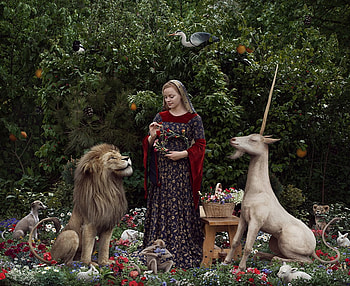 The lady and the unicorn, garden, laure fauvel fauvel, girl, lion, lady, fantasy, maiden, unicorn, luminos HD wallpaper