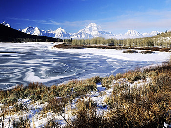 Grand Teton National Park, Wyoming, river, snow, landscape, sky, mountains, ice, usa HD wallpaper