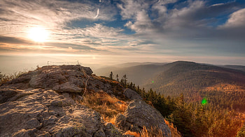 Sunrise at the Bavarian Forest, hills, rocks, clouds, trees, landscape, sky HD wallpaper