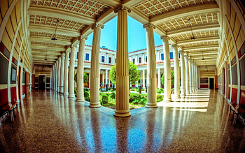 getty museum courtyard in malibu, museum, courtyard, columns, flowers, fisheye HD wallpaper