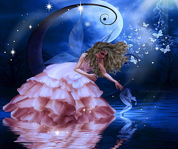 ✫Reflected Moonlight✫, blue dreams, beautiful girls, stars, digital art, dress, reflections, butterflies, water, female, moons, wings, model, weird things people wear, backgrounds, creative pre-made, reflected moonlight, fantasy, pretty, crescent, manipulation, softness beauty, girls, fairies, lovely, hair HD wallpaper