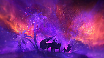 Whispers, man, girl, summer, palm tree, pink, instrument, fantasy, piano, couple, albumforsoul, denis grinin, luminos, purpke, vara, silhouette HD wallpaper