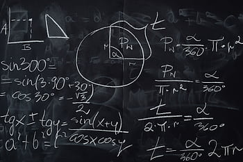 Complex trigonometric equations and geometric diagrams drawn on a classroom blackboard. HD wallpaper