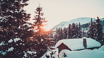 Cabin, winter, snowfall, tree and mountains, sunrise HD wallpaper