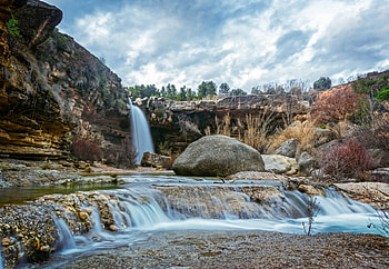 Waterfall, sky, nature, tree HD wallpaper