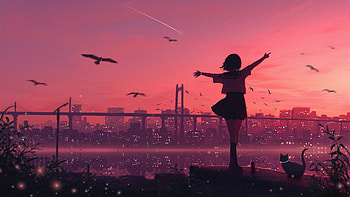 Anime Girl On Rooftop Dancing With Cat City Skyline, anime, girl, rooftop, dancing, cat, city, skyline, artist, artwork, art, digital-art, pixiv HD wallpaper