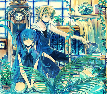 Hatsune Miku & Kagamine Len, blue, colorful, awesome, plants, cute, vocaloid, dress, beauty, nice, miku, vocaloids, hatsune, clock, water, kagamine len, grandfather clock, room, hatsune miku, len, twintail, beautiful, kagamine, anime, pretty, yellow, cool, water can, flowers HD wallpaper